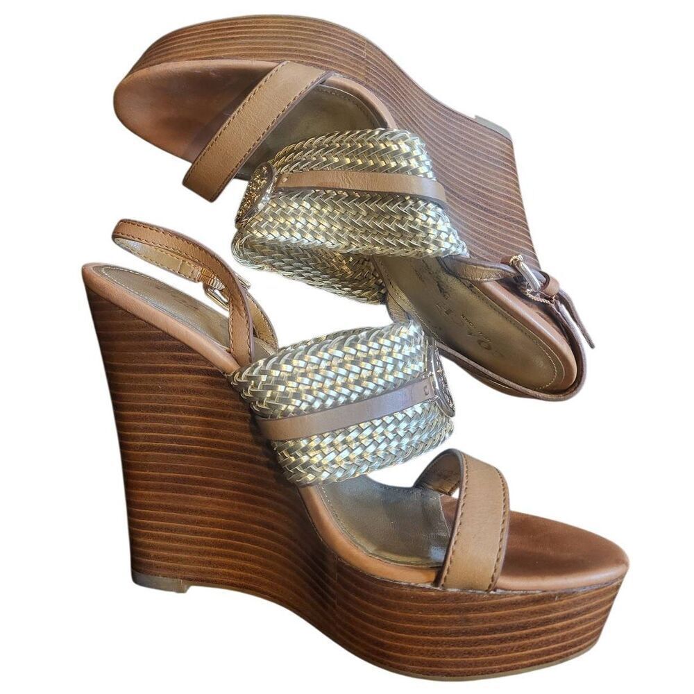 Coach Sandals Women's 7 Tan Gold Beatriz Stacked Wedge Wood Leather Metallic
